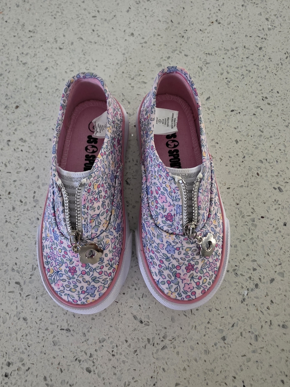 Skechers Girls Pink Multicolor Floral Slip-On Sneakers with Heart Charm